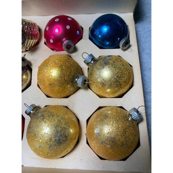 Vintage Shiny Brite 12 Glass Christmas Ornaments Gold Red Blue Silver Polka Dots - Picture 2 of 11